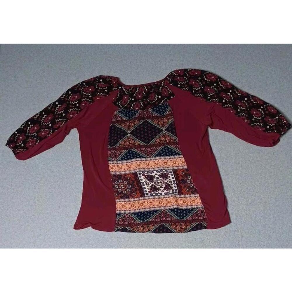 anthropologie fig and flower Blouse top Womens Size XL Maroon Patchwork Design - Picture 11 of 11